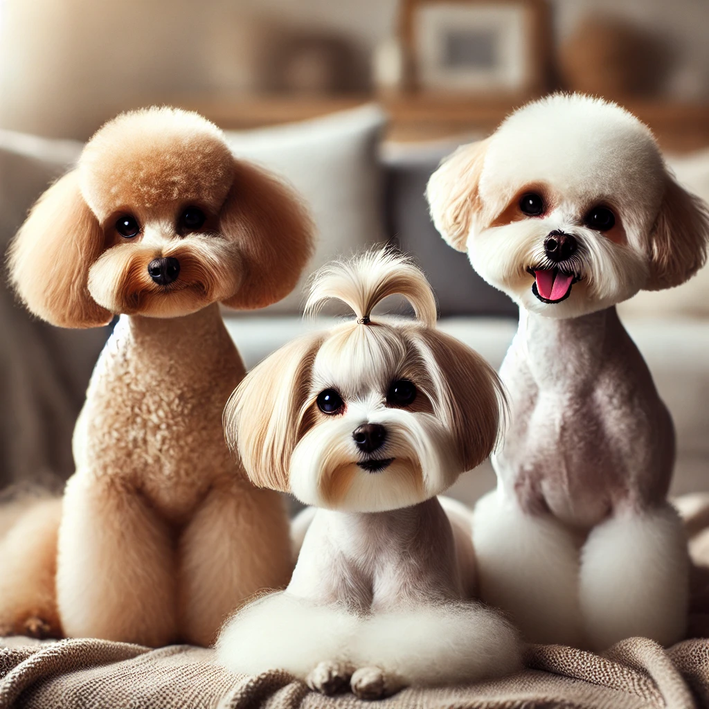 A high-quality image featuring three distinct dogs with unique haircuts. The image includes a Poodle with a subtle Continental Cut