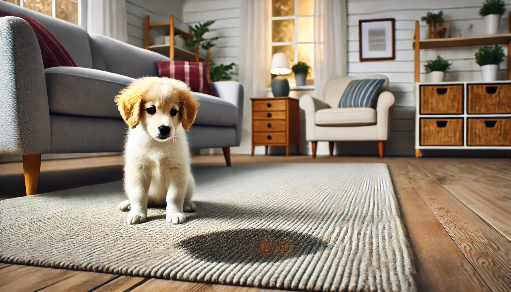 a puppy sitting on a carpet. the carpet has a potty accident stain on it. the puppy is looking at the stain