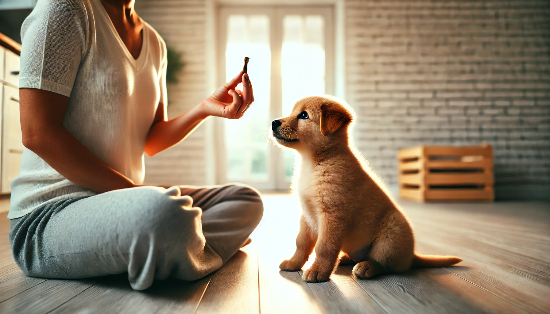 image of a small puppy in the sit position. In front of the puppy, there is a person holding a treat.