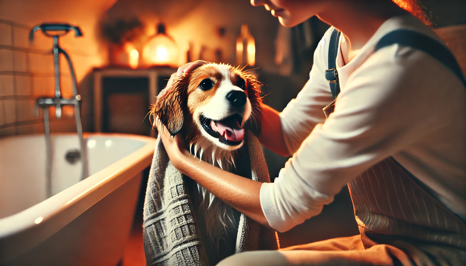 image of a person towel-drying a dog after giving it a bath. The dog looks happy and comfortable, enjoying the warmth