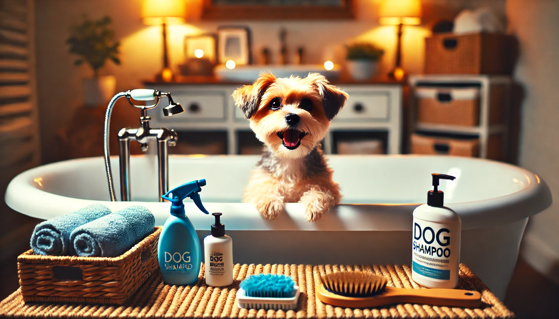 image of a small dog waiting excitedly in the bathtub, ready to be bathed. The bathtub has some water in it