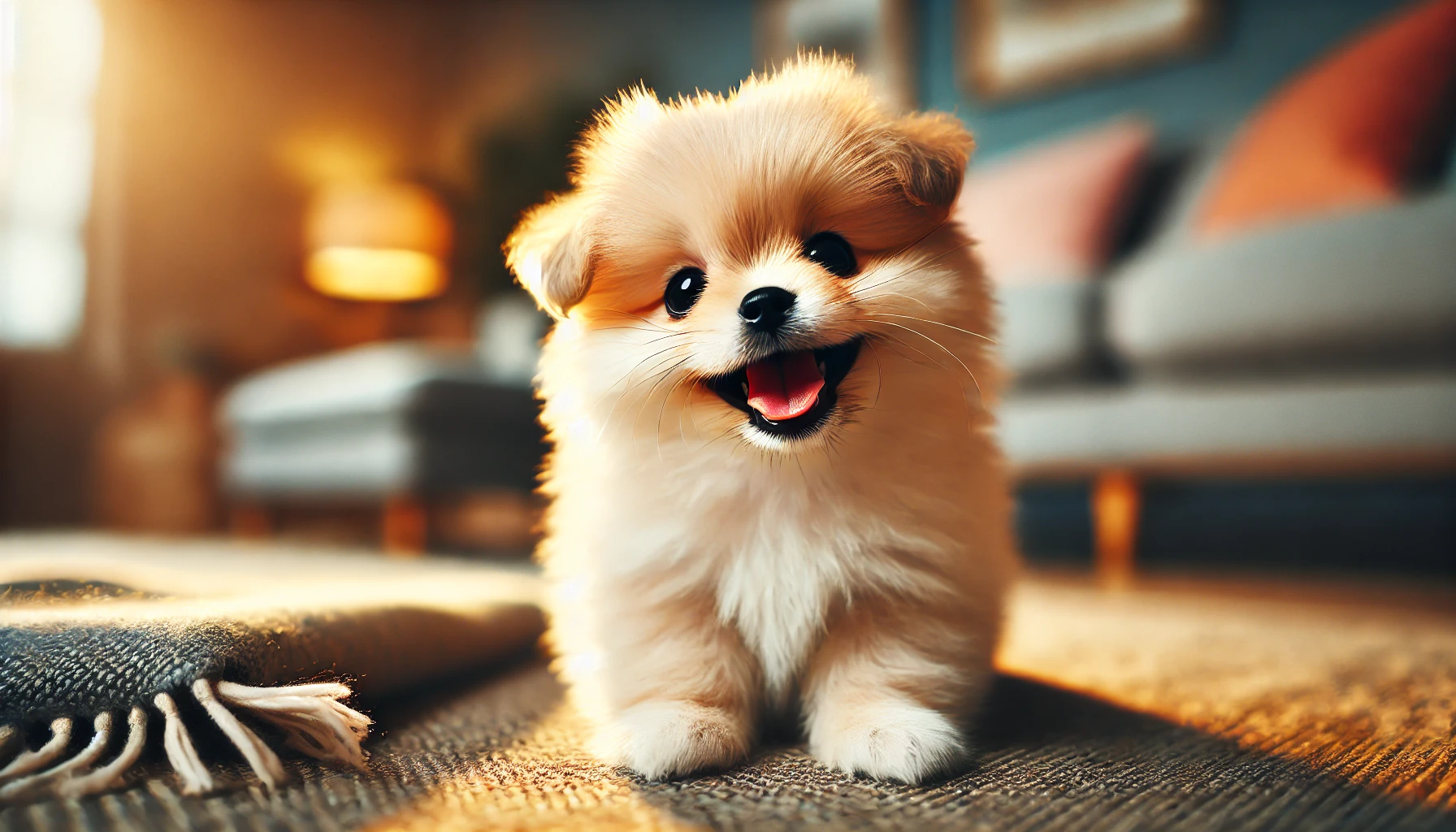 A high-quality landscape image focusing on a small, adorable puppy that is visibly smiling with its teeth showing. The puppy looks cute, happy