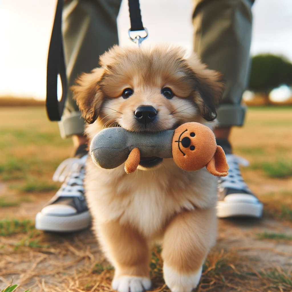 a puppy wearing a leash is sitting in front of a person. the puppy has a toy in its mouth