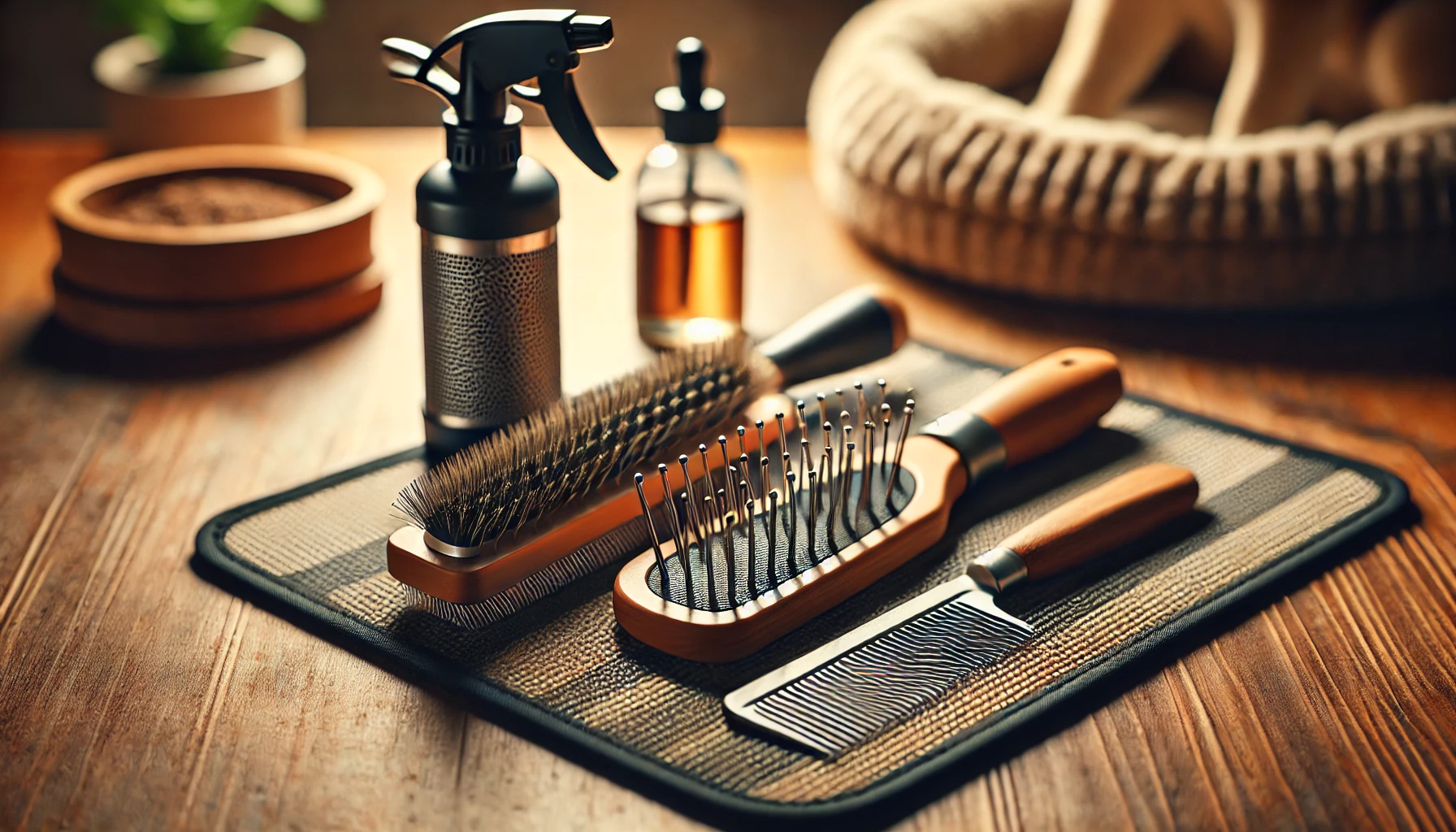 image featuring three tools used in brushing a dog's coat, placed on a non-slip mat.