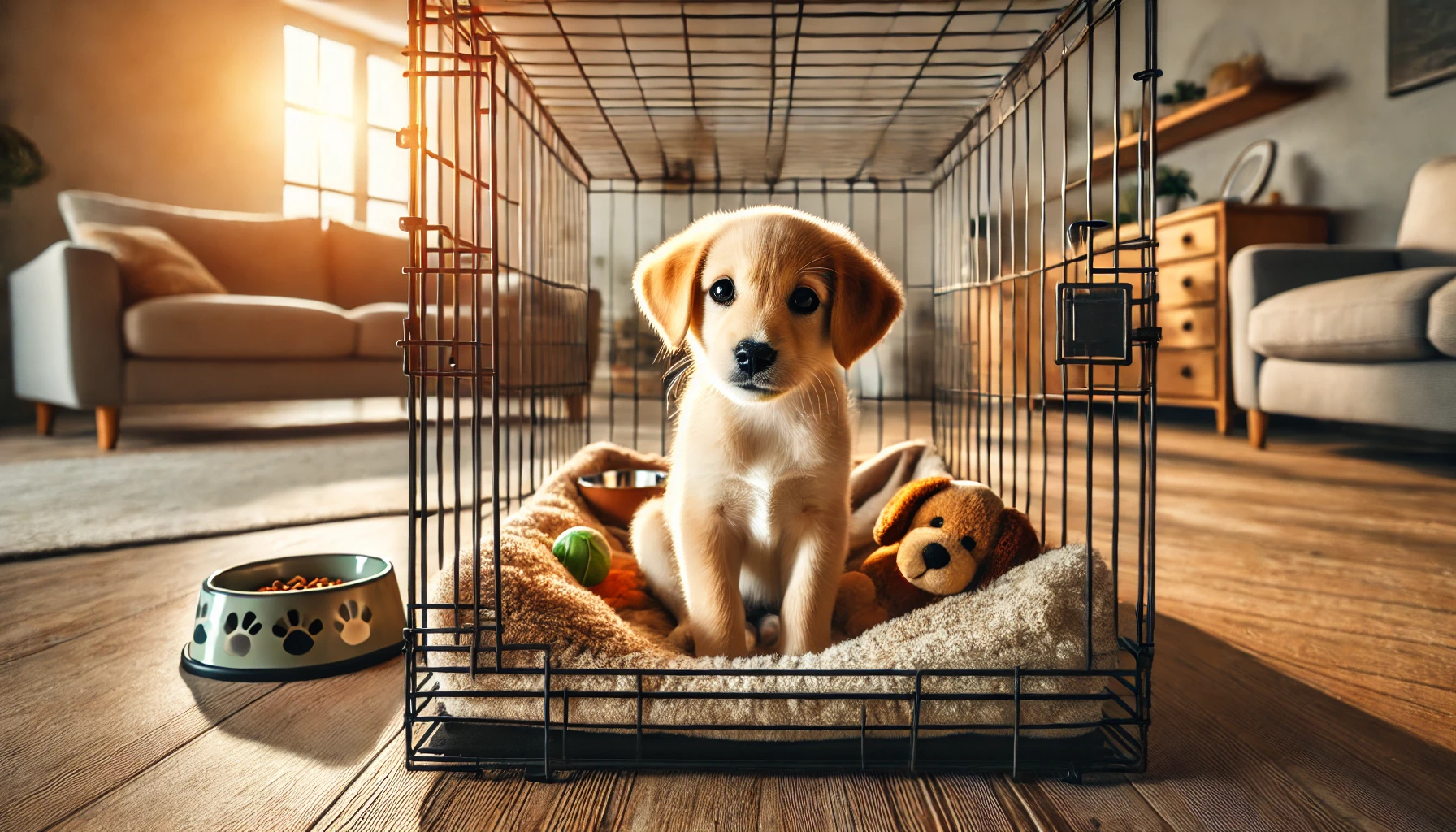 image of a dog crate with a small, happy puppy inside. The crate is open and looks inviting, with soft blankets and toys