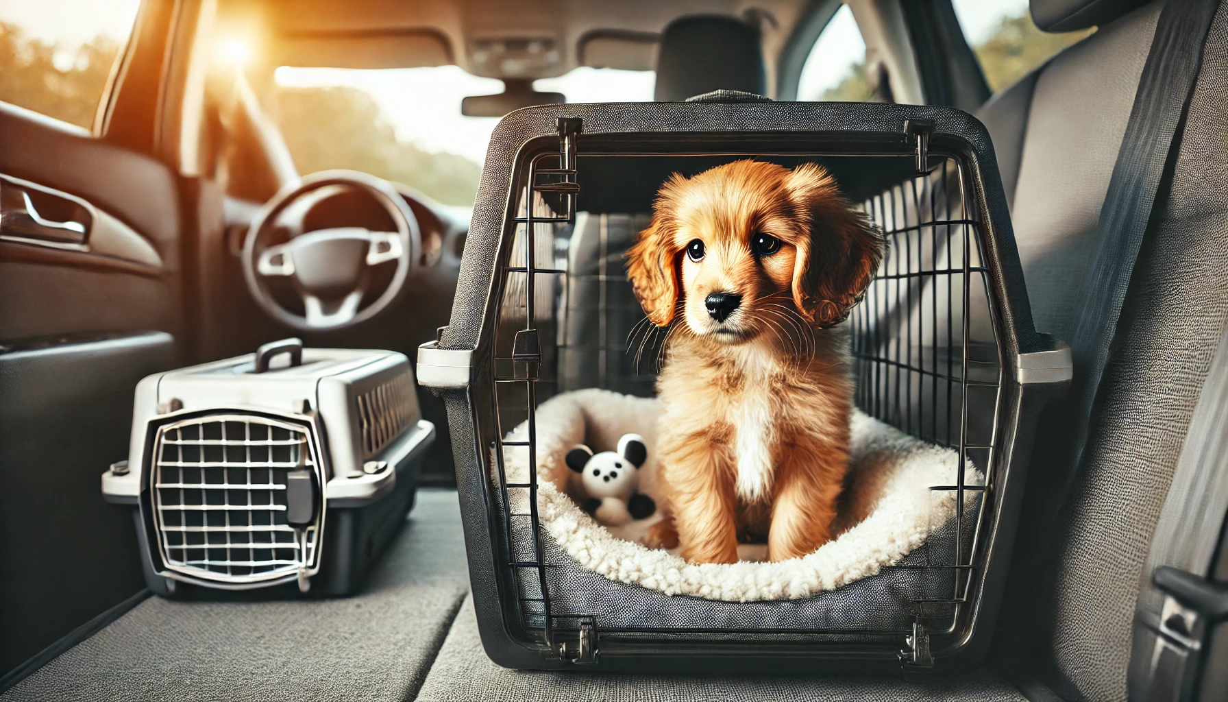 image of a small puppy in a dog crate inside a car. The puppy looks comfortable and calm. The crate is clean and cozy