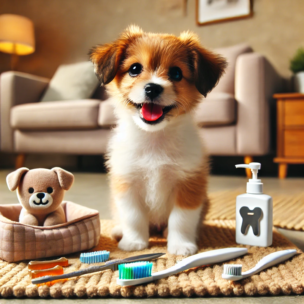 A high-quality image showing a happy small puppy sitting in front of a dog mat that has tooth brushing tools for dogs
