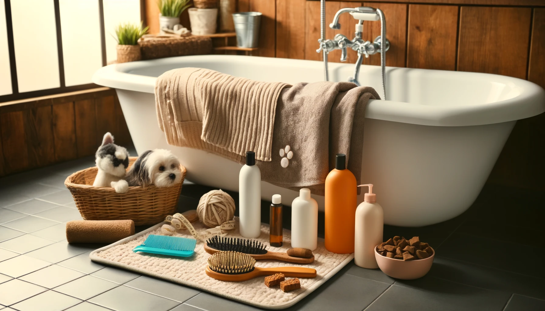 image of a bathtub containing a non-slip mat, a towel, a brush for dog hair, a bottle of dog shampoo, a comb, a few dog toys