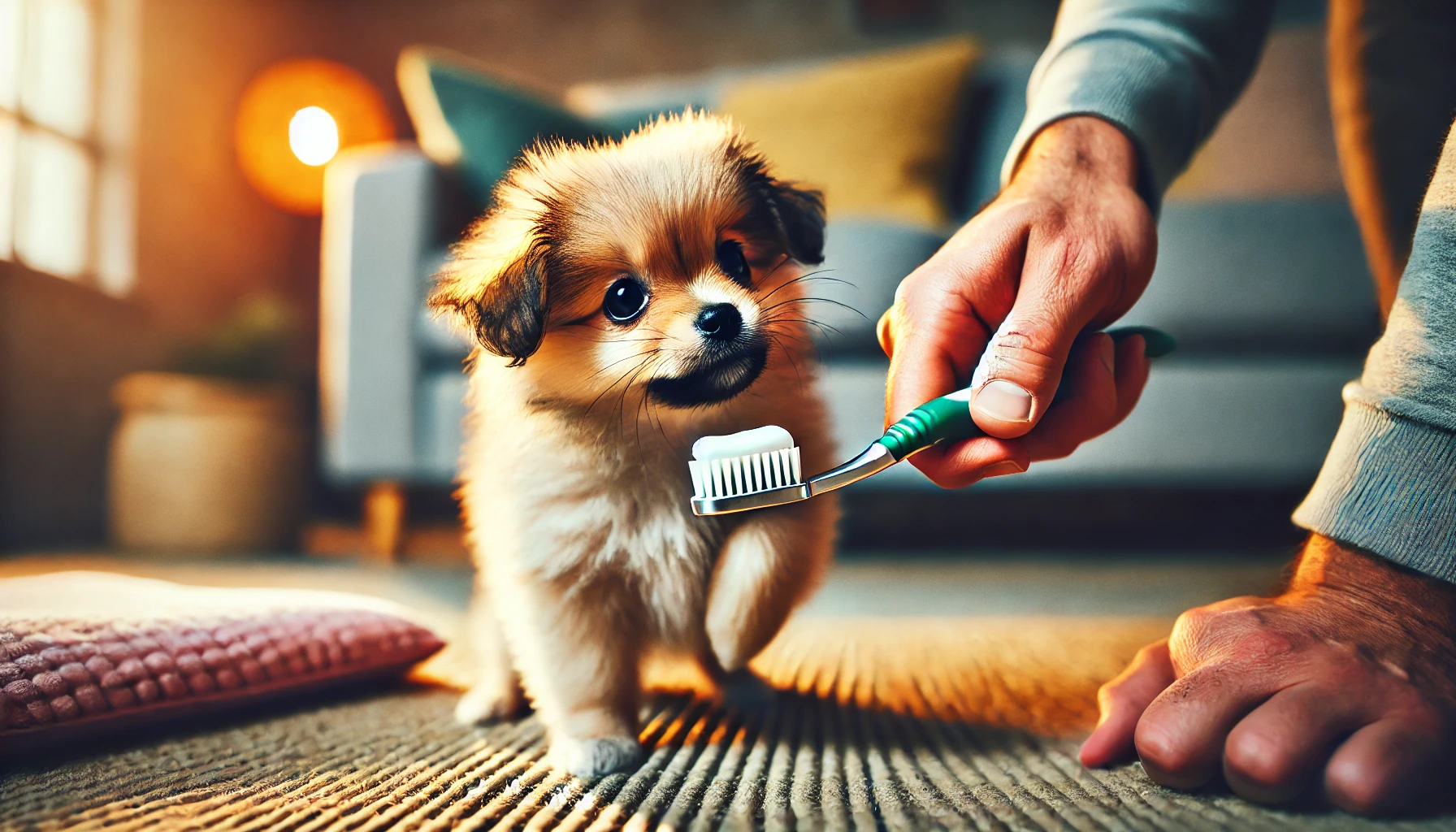 A high-quality landscape image of a person trying to brush a puppy's teeth with a smaller brush specifically designed for dog dental care