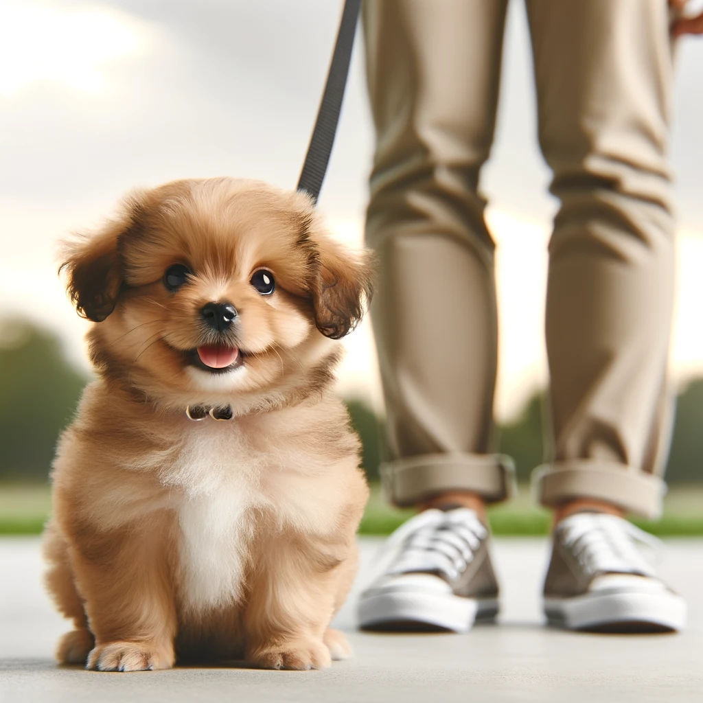 a puppy wearing a leash sitting peacefully next to a person