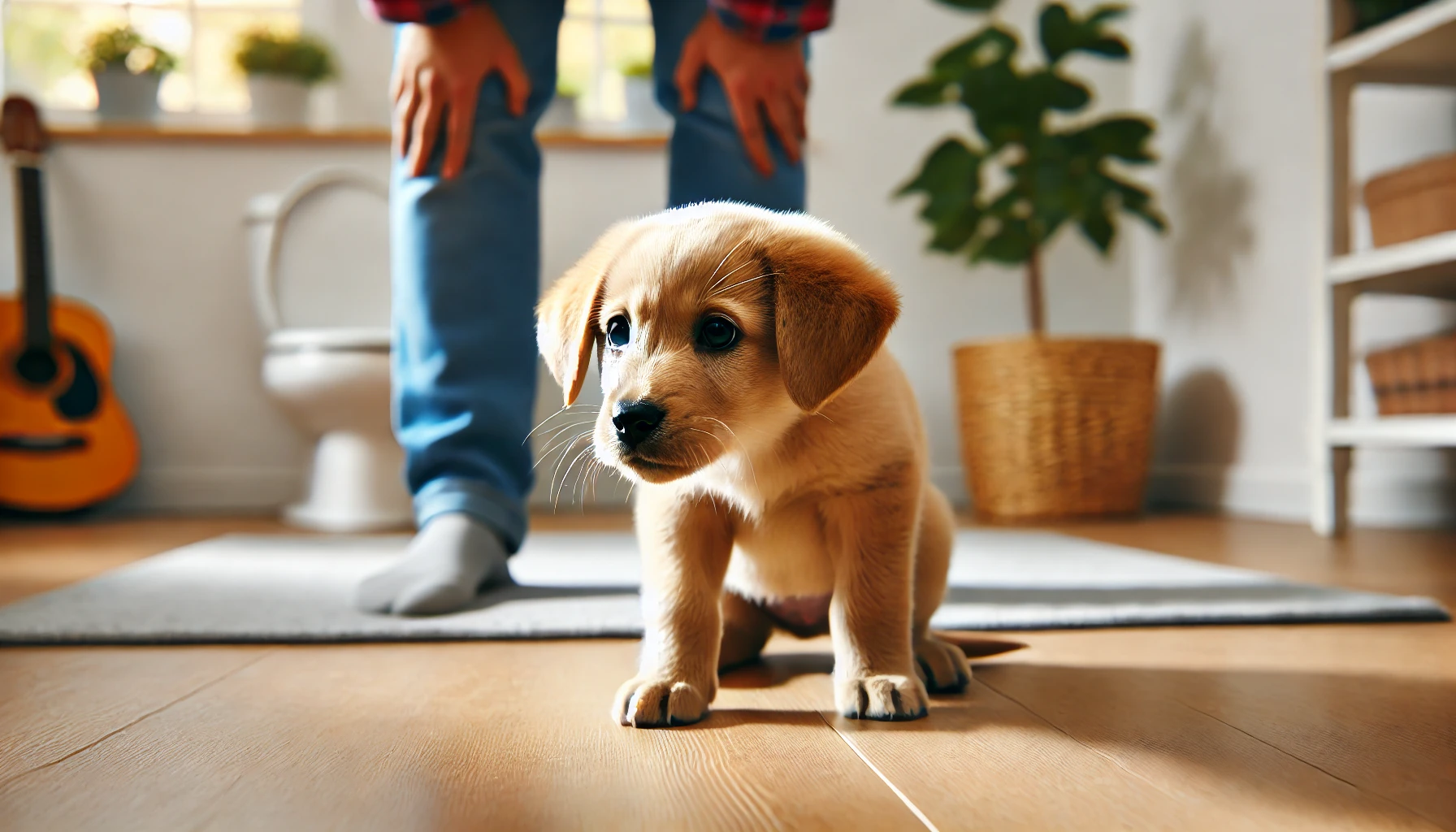 a cute puppy walking on a wooden floor. 