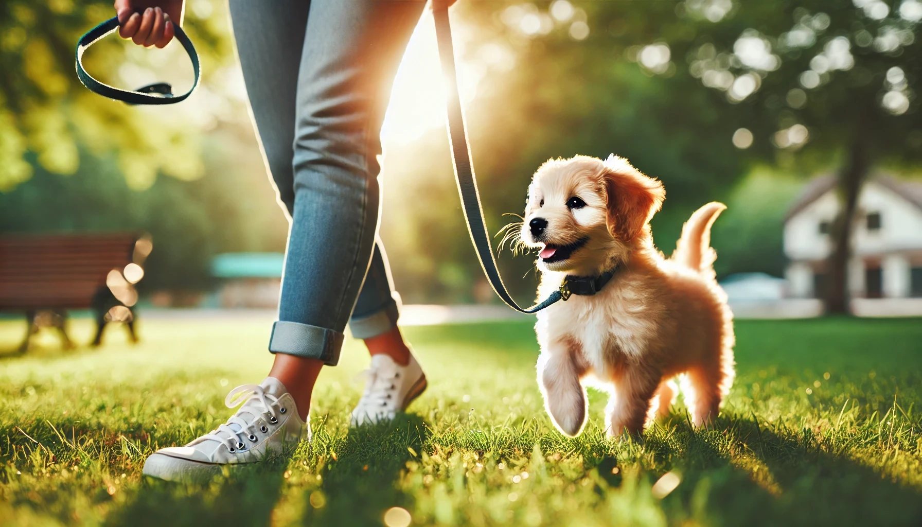 image of a small puppy walking near a person. The puppy is on a leash in the heel position