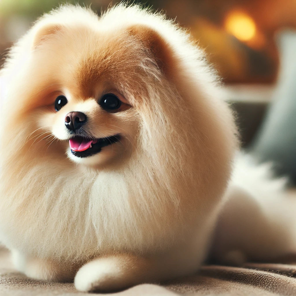 A high-quality image featuring a Pomeranian dog with a very subtle lion cut. The dog has a soft, fluffy mane around the neck