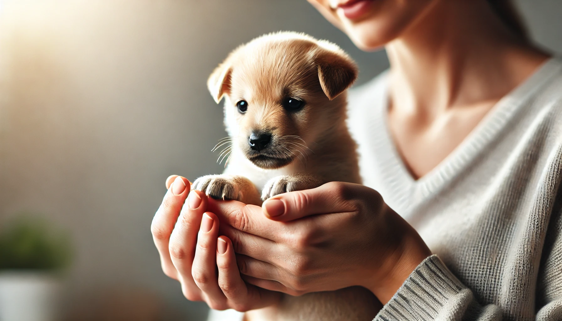 a woman holding a puppy in her hands