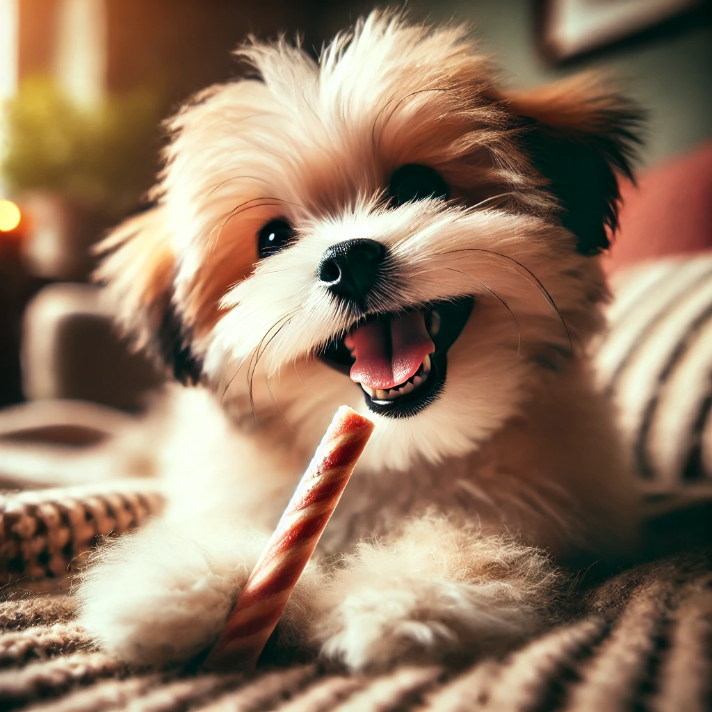 A high-quality image of a small, adorable dog happily chewing on a dental stick. The dog's teeth are slightly visible and look healthy and clean. 