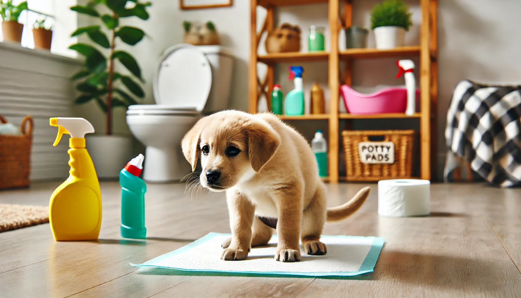 a small puppy on a potty pad surrounded by cleaning supplies