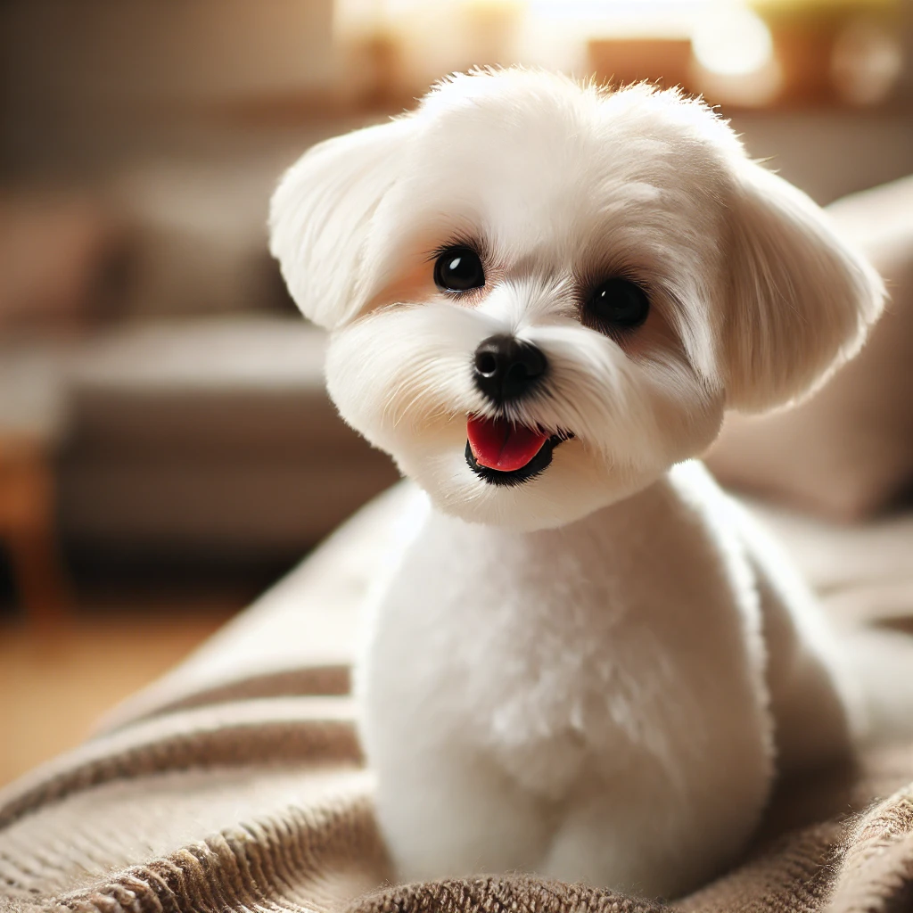 A high-quality image featuring a Maltese dog with a puppy cut. The dog looks cute, happy, and content, with a short, fluffy coat typical of a puppy cut