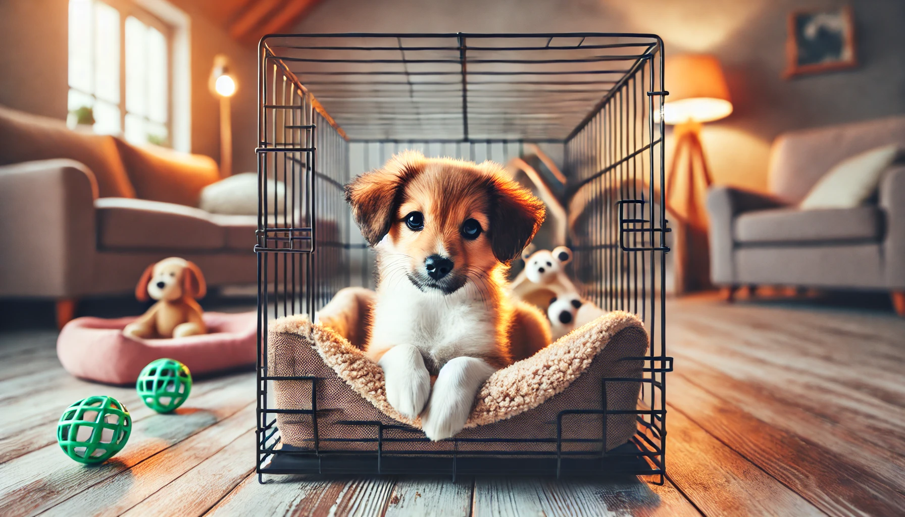 image of a small puppy in a comfortable crate. The crate looks like a sanctuary, with a soft bed and cozy blankets