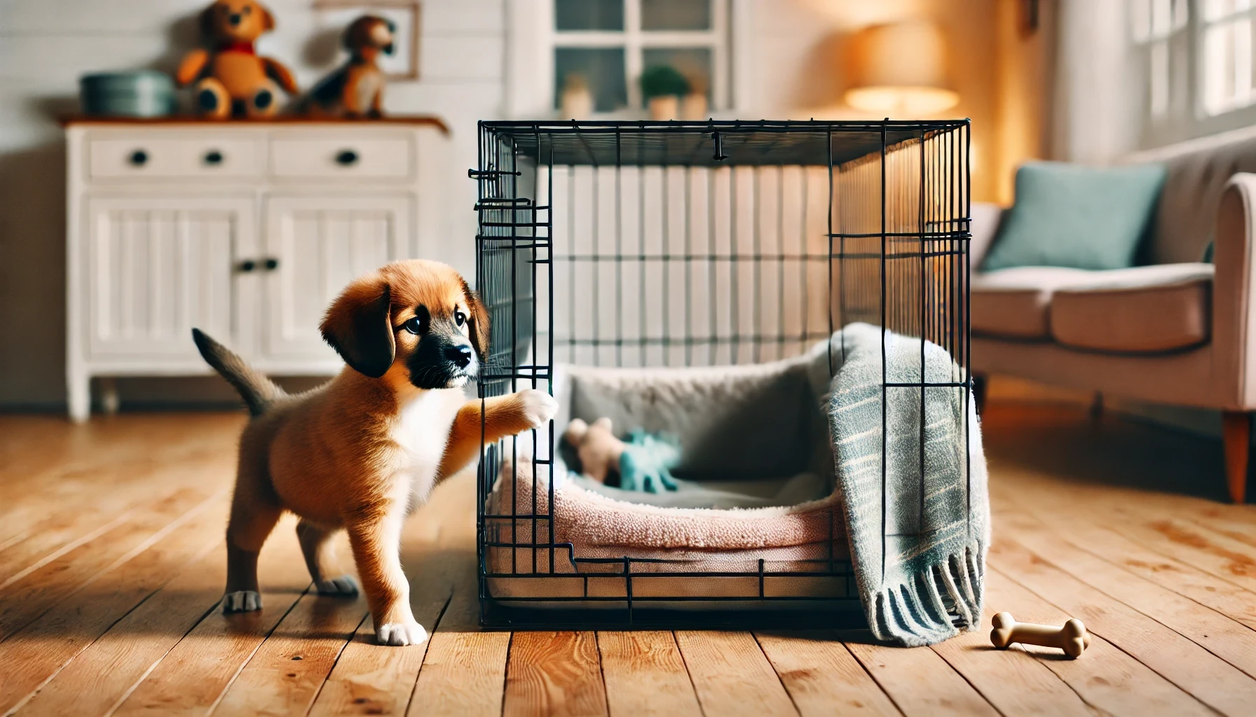 image of a small puppy refusing to enter a dog crate. The puppy is outside the crate, looking hesitant and pulling back.