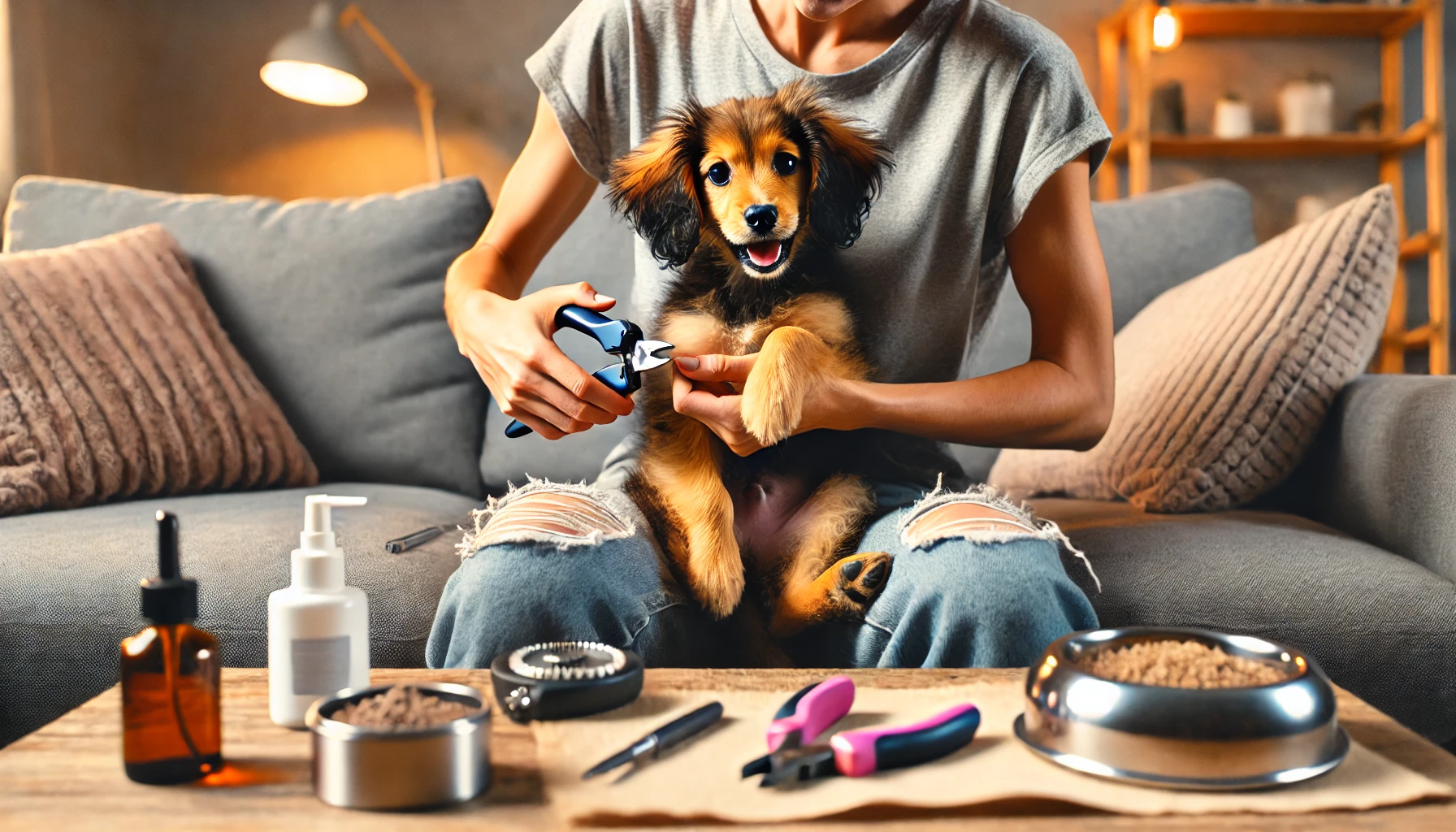  image of a person trimming a dog's nails at home. The person is sitting on the couch with the puppy in their lap