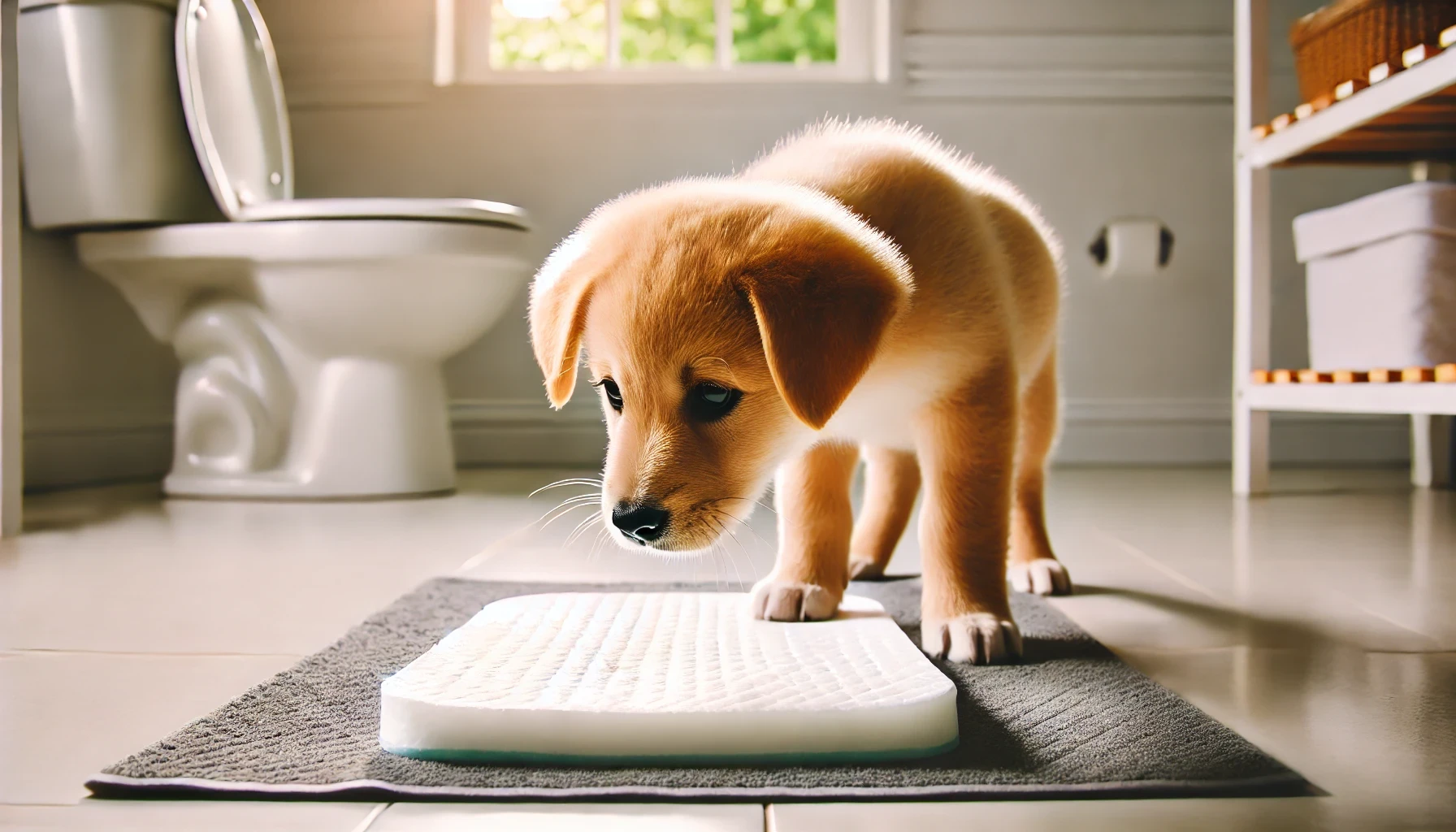  image of a puppy learning to go potty on a potty pad. The pad is placed in a clean bathroom, and the puppy is smelling it