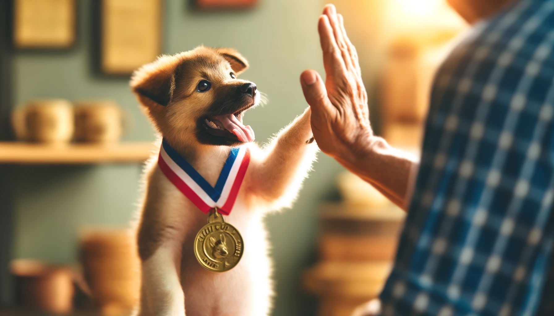 image of a small puppy completing training, wearing a medal and high-fiving a person. The puppy looks happy and proud